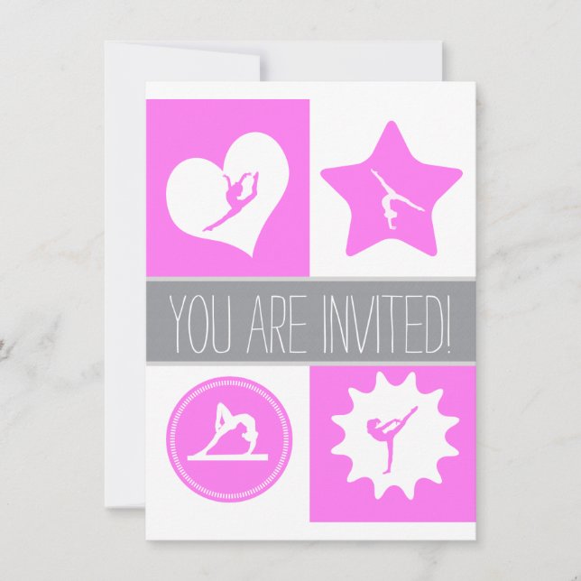 Pink Gymnastics 4 Squares Party Invitation (Front)