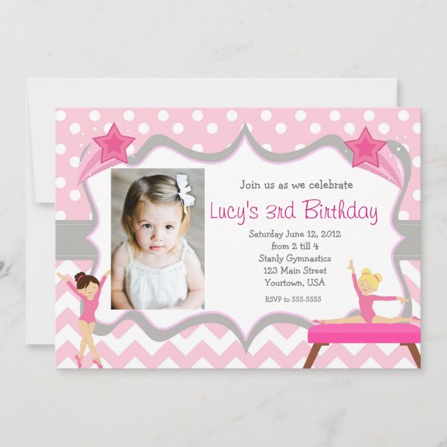 Pink Gymnastics Party Birthday Invitation (Front)