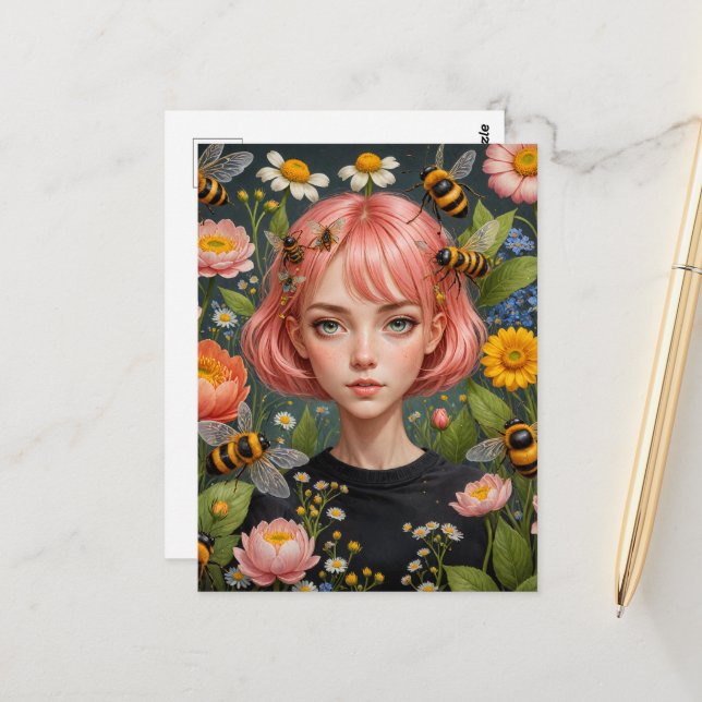 Pink Hair and Flowers With Bees Postcard (Front/Back In Situ)