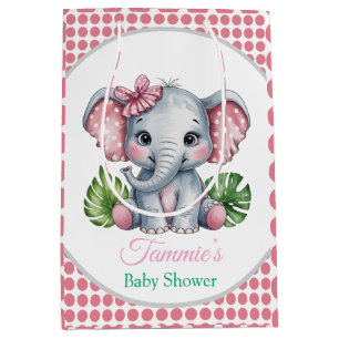 Pink Hair Bow Cute Elephant Baby Shower Medium Gift Bag
