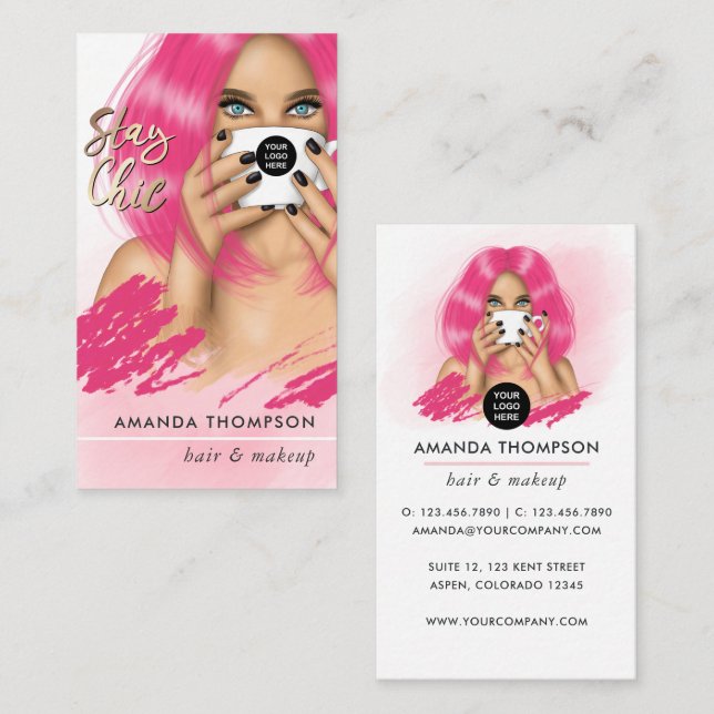 Pink Hair Coffee Woman Business Card (Front/Back)