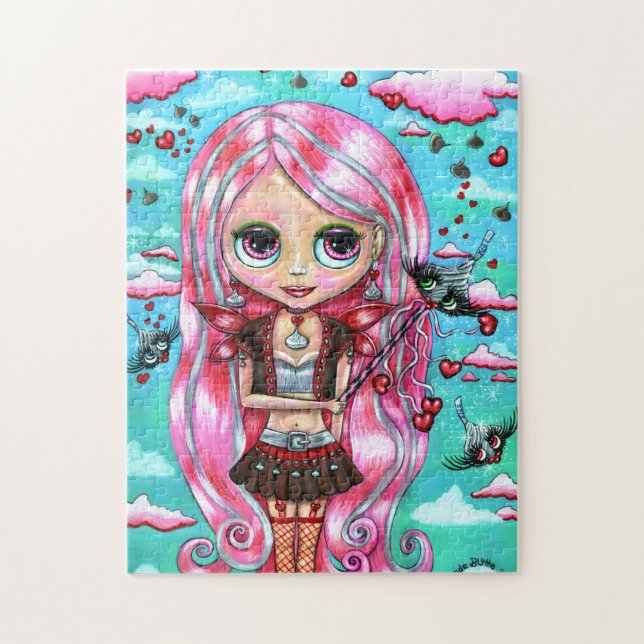 Pink Hair Hearts and Kisses Fairy Big Eyes Jigsaw Puzzle (Vertical)