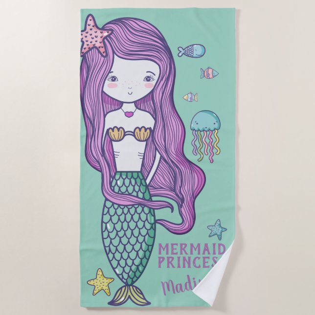 Pink Hair Mermaid and Ocean Friends Personalised Beach Towel (Front)