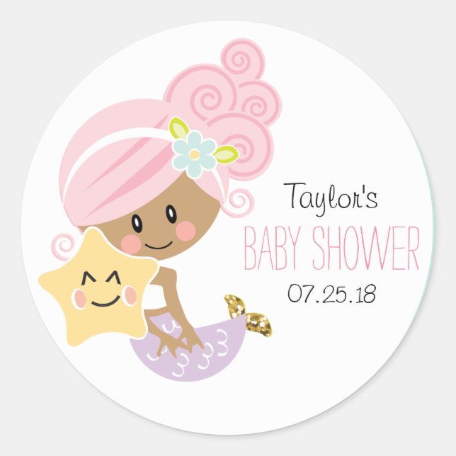 Pink Hair Mermaid Baby  Shower Stickers Dark Skin (Front)