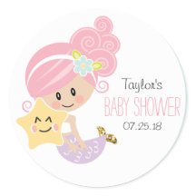 Pink Hair Mermaid Baby  Shower Stickers Light Skin