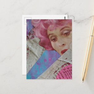 Pink Hair Retro Lady Mixed Media Collage Postcard