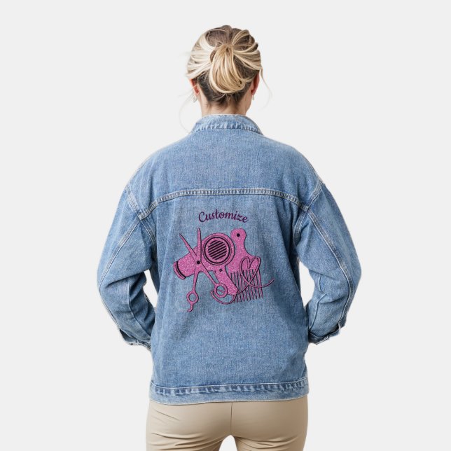 Pink Hair Stylist Logo Denim Jacket (Model)