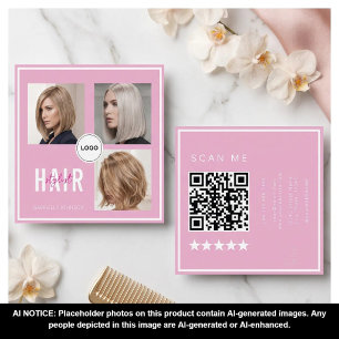 Pink Hair Stylist Photo Collage QR Code Elegant Square Business Card