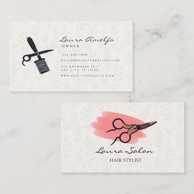 Pink Hair  Stylist with White Scissor Salon  Business Card (Front/Back)