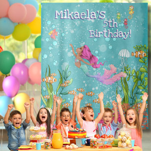 Pink Hair Tan Mermaid Under the Sea Backdrop Tapestry