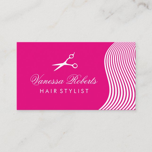 Pink hairdresser business cards for hair stylist (Front)