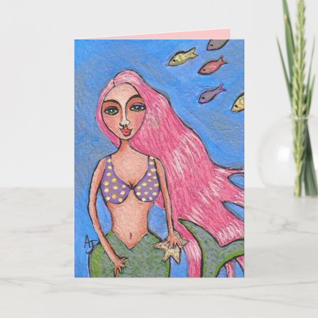 Pink-haired Mermaid & Fishies - greeting card (Front)