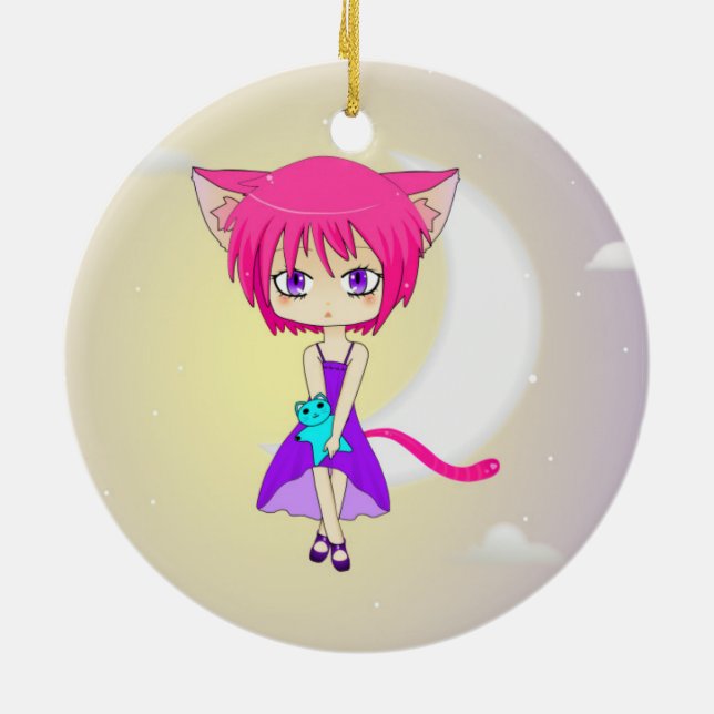 Pink Haired Neko Anime Girl, Ornament (Back)