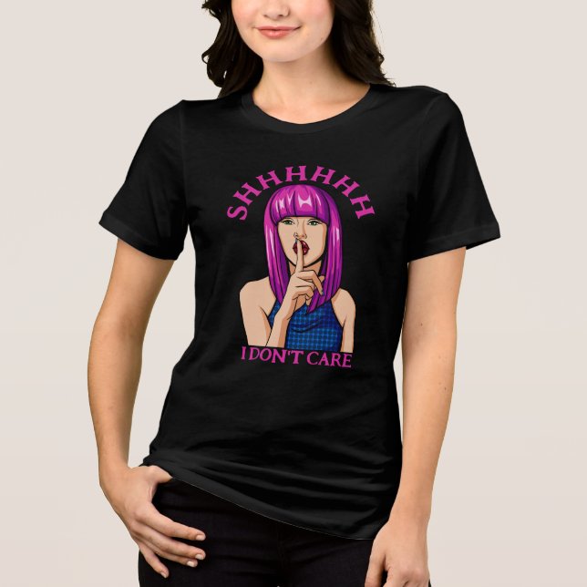 Pink Haired Popart Girl Don't Care Tri-Blend Shirt (Front)
