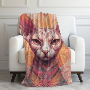 Pink Hairless Sphynx Cat Boho Unique Fleece Blanket