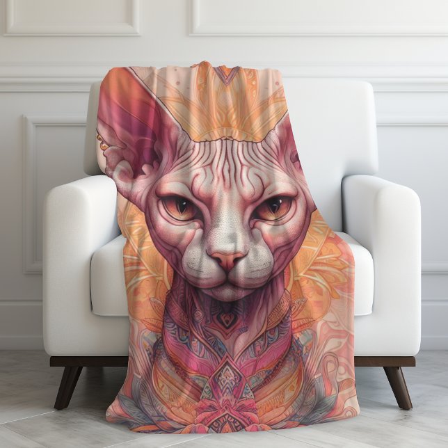 Pink Hairless Sphynx Cat Boho Unique Fleece Blanket (Pink Sphynx Cat Blanket Orange Boho Decor)