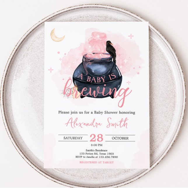 Pink Halloween A Baby is Brewing Baby Shower Invitation (Witch Girl Baby Shower Invitation)