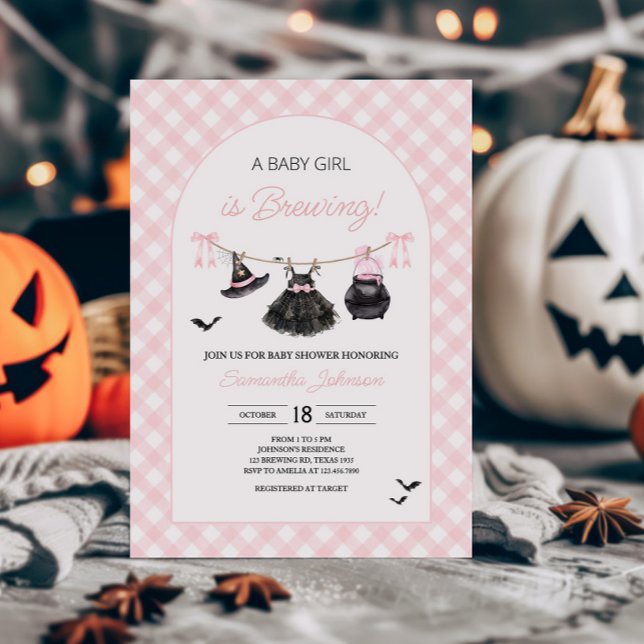 Pink Halloween Baby is Brewing Baby Shower Invitation (Pink Halloween Baby is Brewing Gingham Baby Shower Invitation)