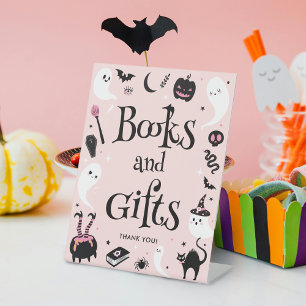 Pink Halloween Baby Shower Books and Gifts Pedestal Sign
