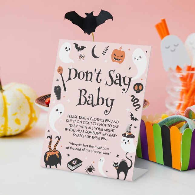 Pink Halloween Baby Shower Don't Say Baby Game Pedestal Sign (Creator Uploaded)