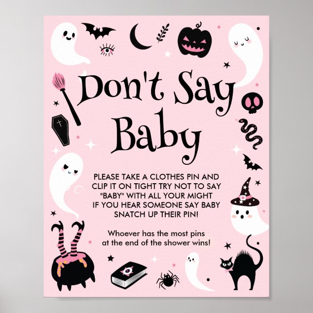 Pink Halloween Baby Shower Don't Say Baby Game Poster (Front)
