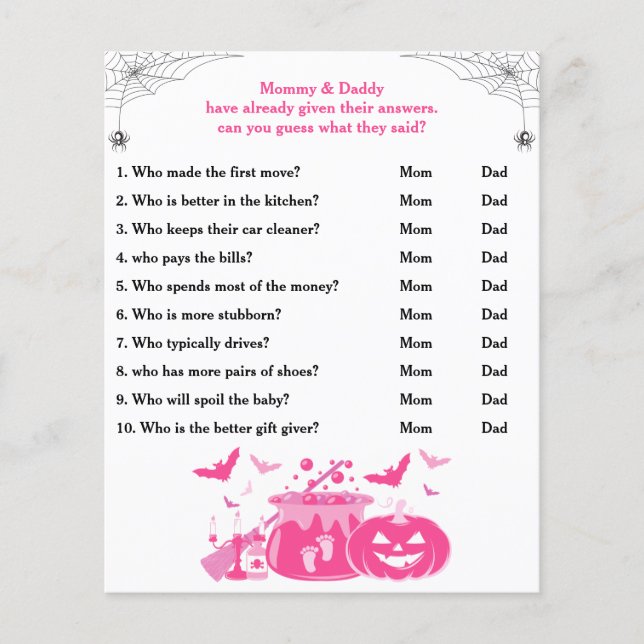 Pink Halloween Baby Shower Game Guess Who Mum, Dad (Front)