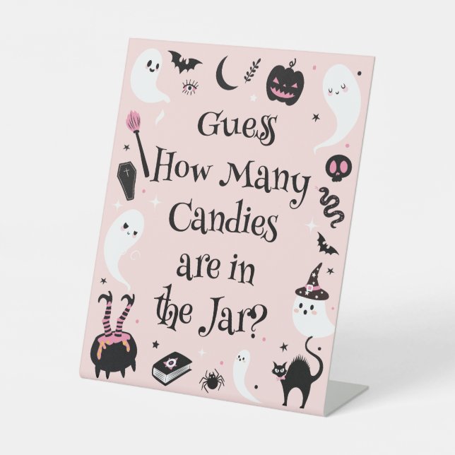 Pink Halloween Baby Shower Guess How Many Candies Pedestal Sign (Front)