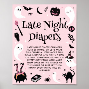 Pink Halloween Baby Shower Late Night Diapers Poster