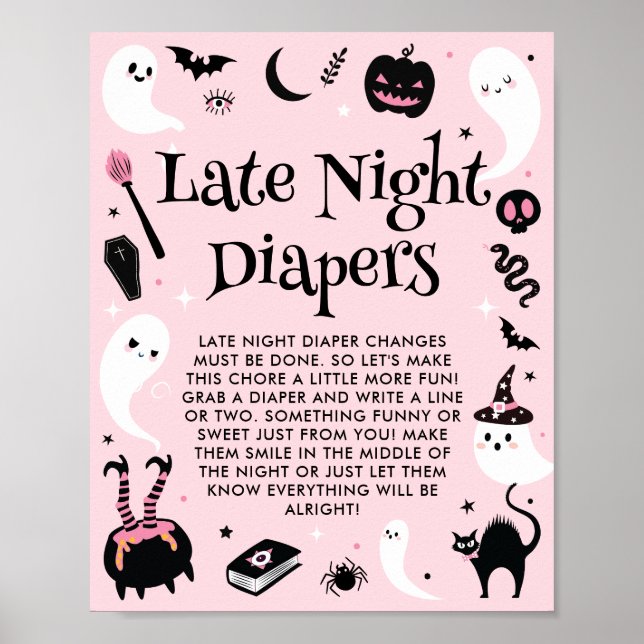 Pink Halloween Baby Shower Late Night Diapers Poster (Front)