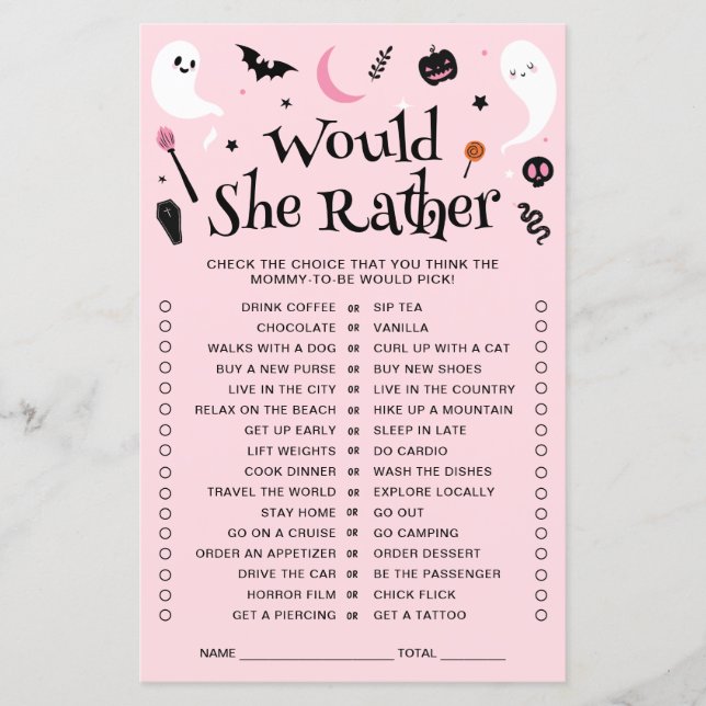 Pink Halloween Baby Shower Would She Rather Game (Front)