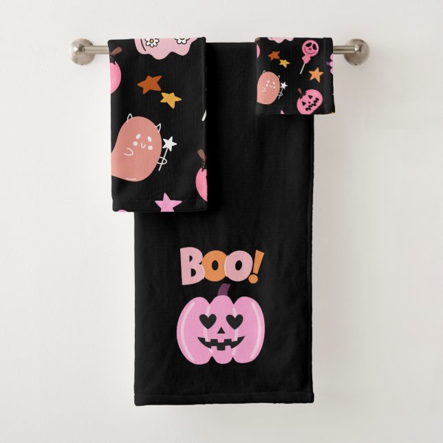 Pink Halloween Bath Towel Set (Insitu)