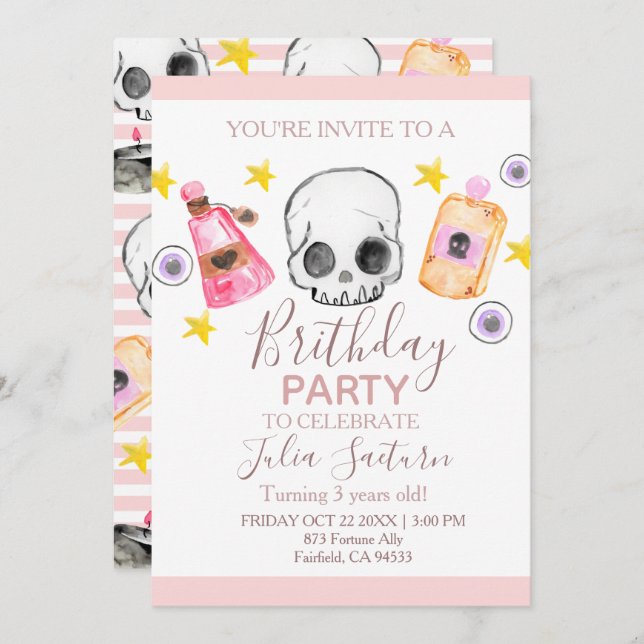 Pink Halloween birthday party girl invitation (Front/Back)