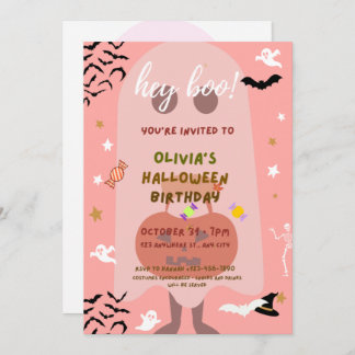 pink Halloween birthday party invitation for kids