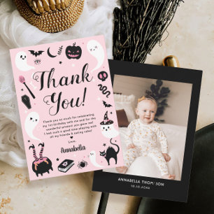 Pink Halloween Birthday Photo Thank You Card