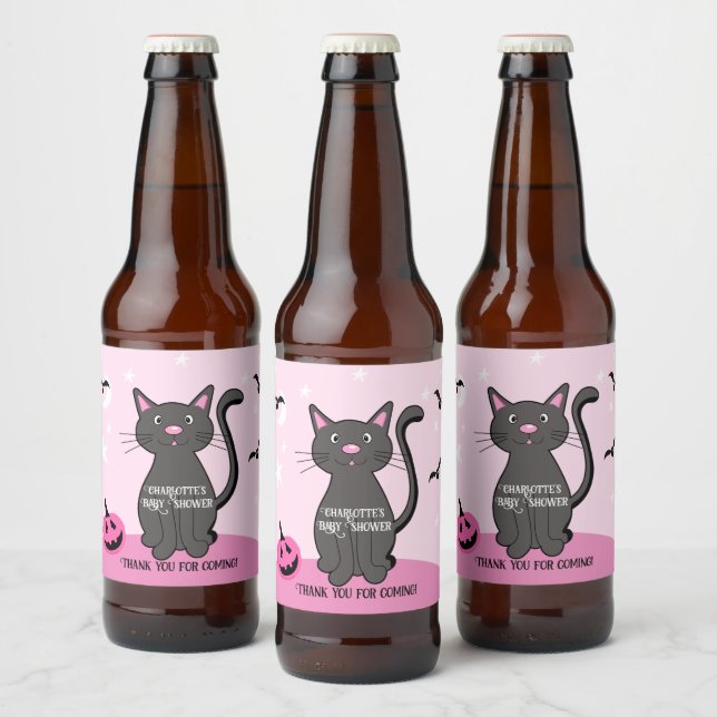 Pink Halloween Black Cat Girl Baby Shower Beer Bottle Label (Bottles)