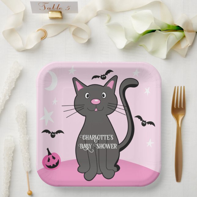 Pink Halloween Black Cat Girl Baby Shower Paper Plate (Wedding)