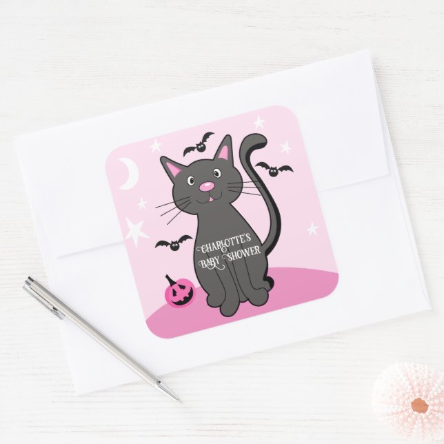 Pink Halloween Black Cat Girl Baby Shower Square Sticker (Envelope)