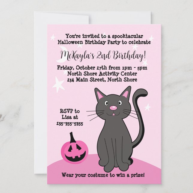 Pink Halloween Black Cat Pumpkin Bat Soft Pink  Invitation (Creator Uploaded)