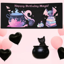 Pink halloween cauldron cute bat happy birthday