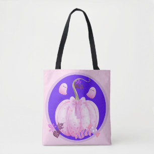 Pink Halloween Coquette Pumpkin with Ghosts Tote Bag