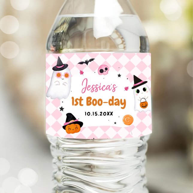 Pink Halloween Cute Ghost 1st Birthday Water Bottle Label (Creator Uploaded)