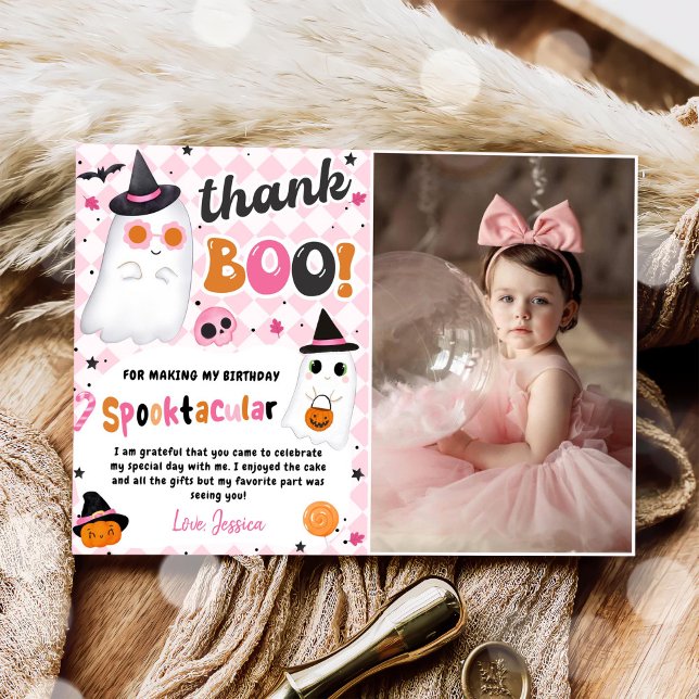 Pink Halloween Cute Ghost Birthday Photo Thank You Card (Creator Uploaded)