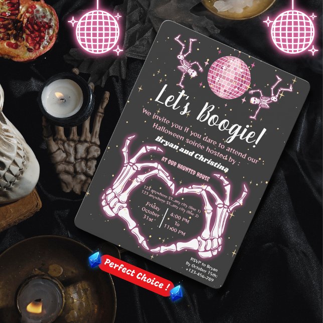 Pink Halloween Dancing Skeletons Disco Ball Party Invitation (Creator Uploaded)