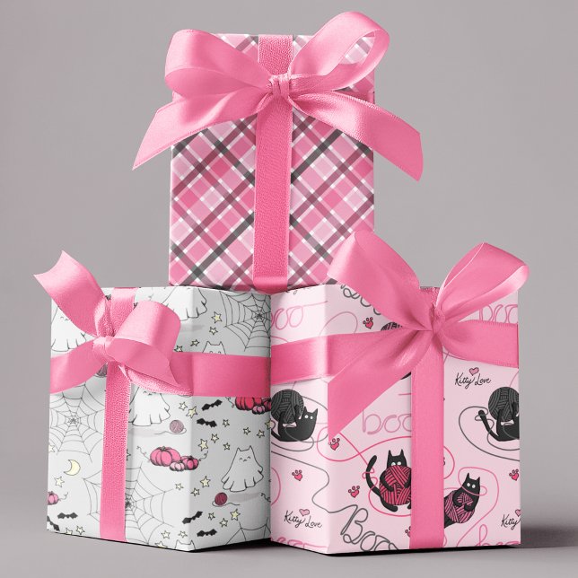 Pink Halloween for Kids Boo Kitty Love Kittens Wrapping Paper Sheet (Cute Spooky Kittens Playing with Pink Yarn that Spells "Boo", Kitten Ghosts, and Pink & Black Plaid.)