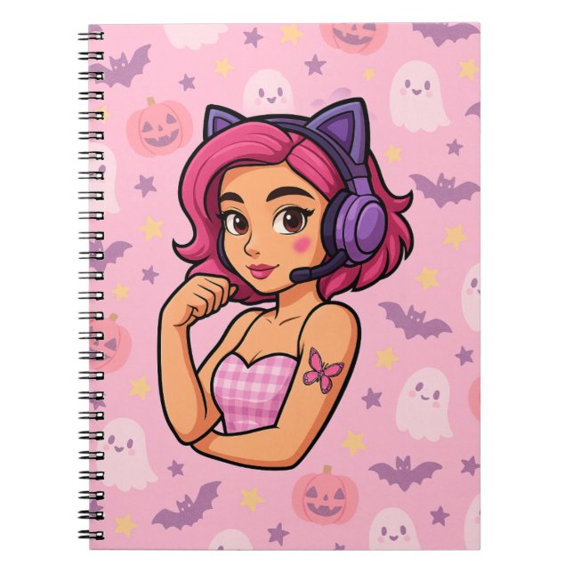 Pink Halloween Gamer Girl Notebook | Kawaii Ghosts (Front)