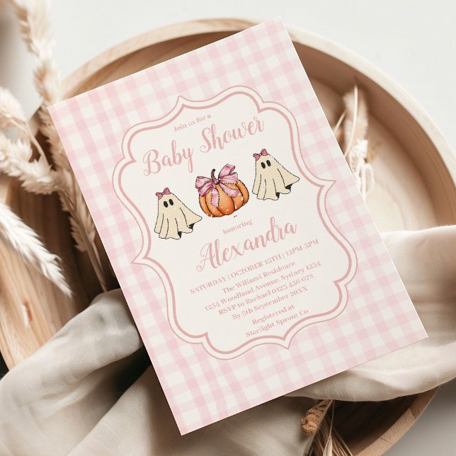 Pink Halloween Ghost Bow Girl Baby Shower Invitation (Creator Uploaded)