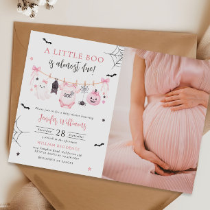 Pink Halloween Ghost Clothesline Baby Shower Photo Invitation