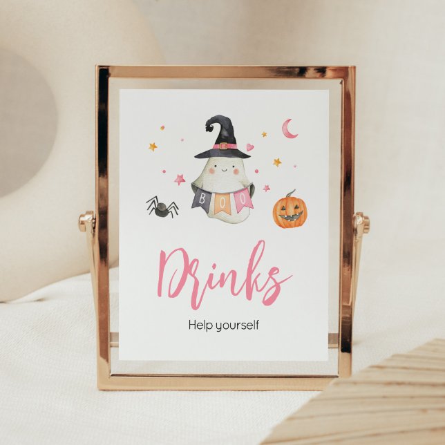Pink Halloween Ghost Little Boo Baby Shower Drinks Poster (Little Boo Baby Shower Drinks Sign)