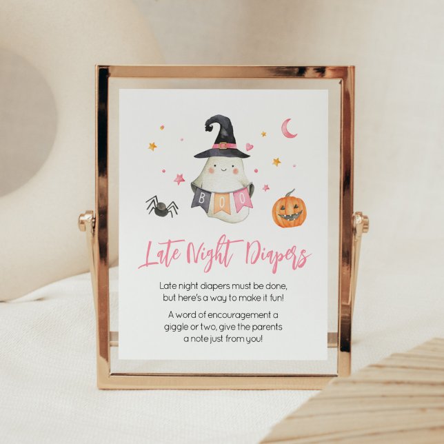 Pink Halloween Ghost Little Boo Late Night Diapers Poster (Little Boo Baby Shower Late Night Diapers Sign)