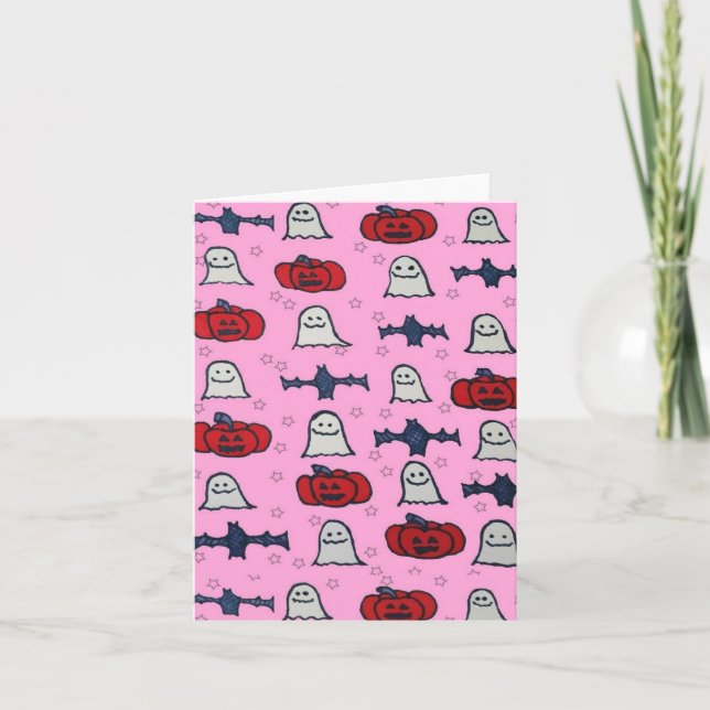 Pink Halloween Ghosts, Bats, and Jack o Lanterns Card (Front)